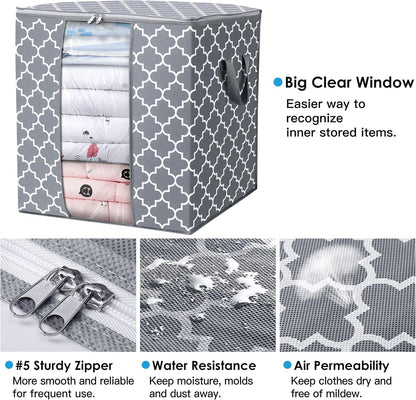 WISELIFE Storage Bags 3 Pack/100L Large Blanket Clothes Organization and Storage Containers for Comforters,Bedding, Foldable Organizer with Reinforced Handle, Clear Window, Sturdy Zippers,Gray