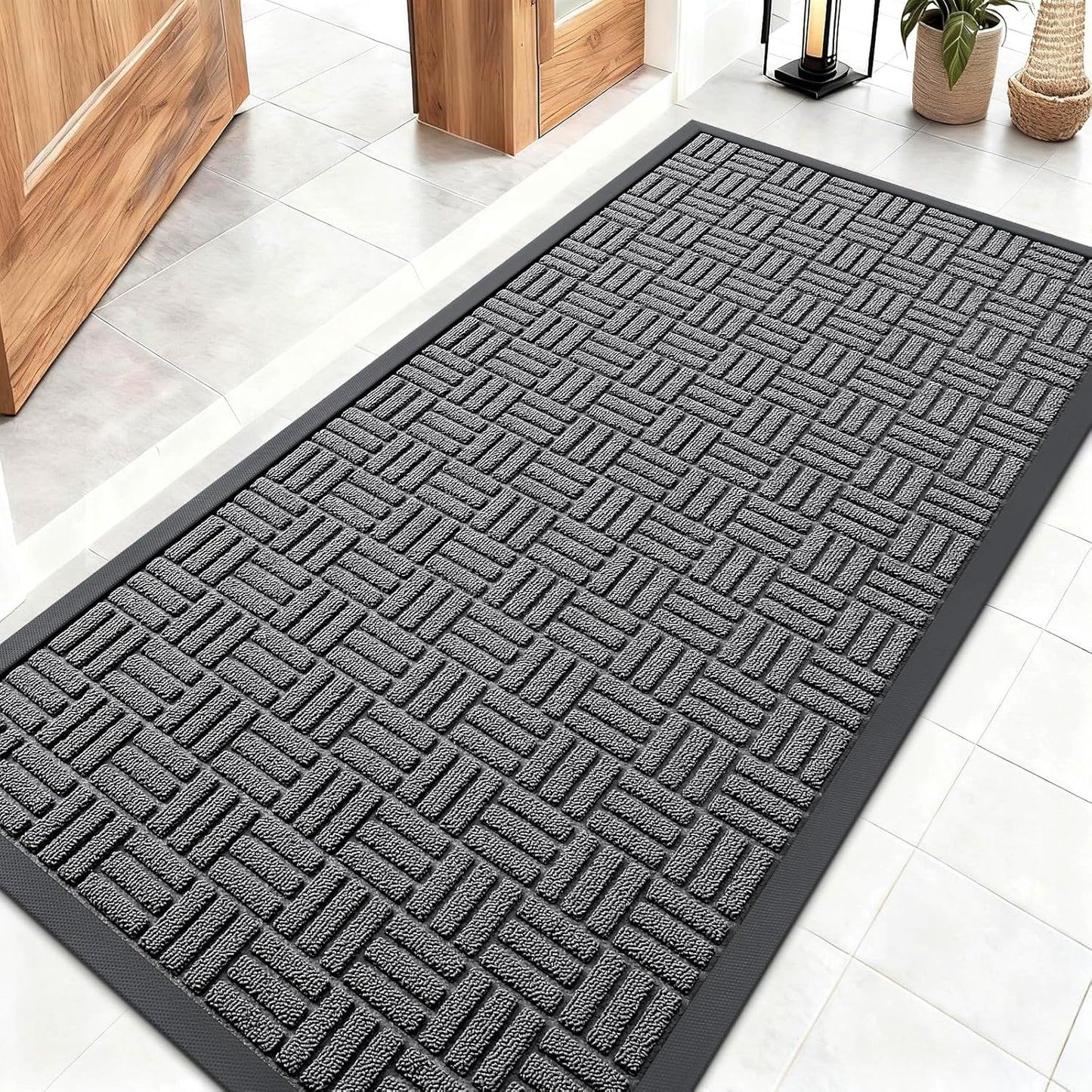 OLANLY Front Door Mat Outside Entrance 29.5x17, Absorbent, Heavy Duty Sturdy Natural Rubber Doormat Indoor Outdoor, Stain and Fade Resistant, Non-Slip Backing Low Profile Floor Mat for Entryway, Grey