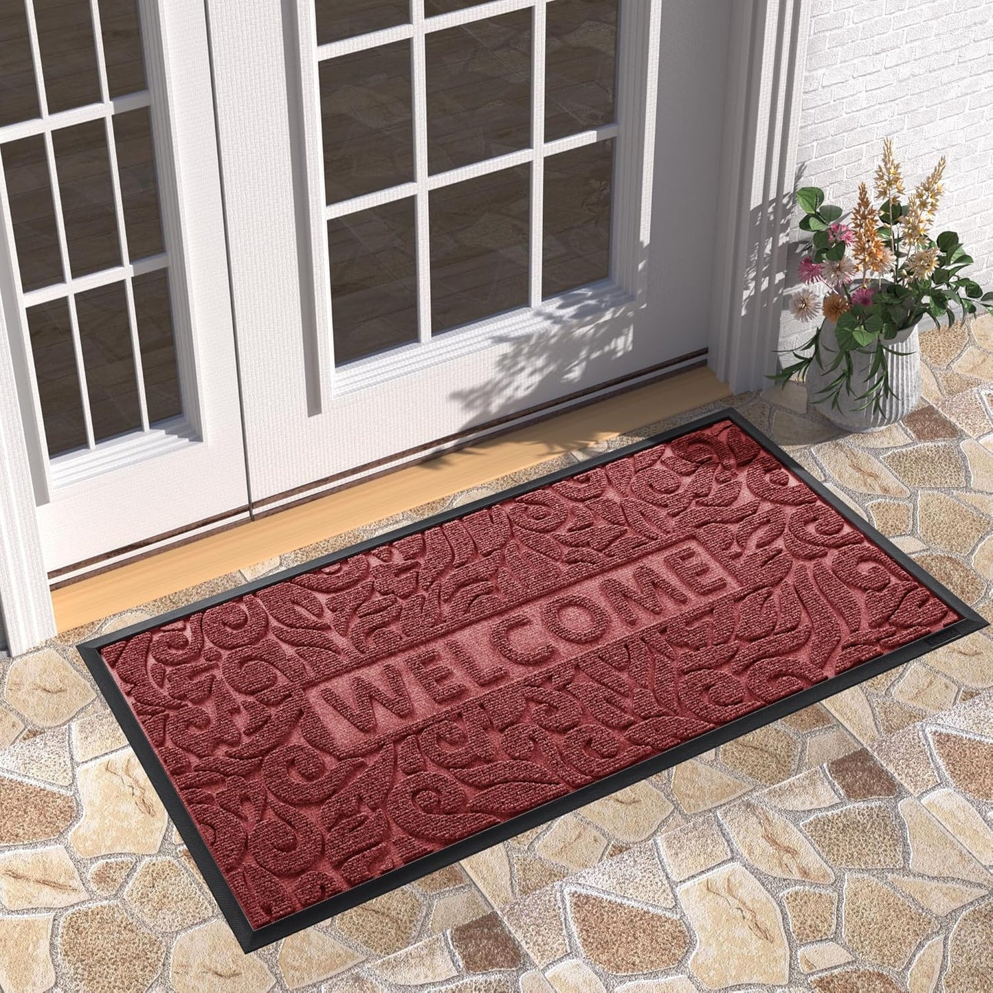 Yimobra Welcome Mat Outdoor 29.5x17, Waterproof Non-Slip Outdoor Mats for Front Door Outside Entrance, Low-Profile Entryway Mat Indoor for Garage Patio, Black