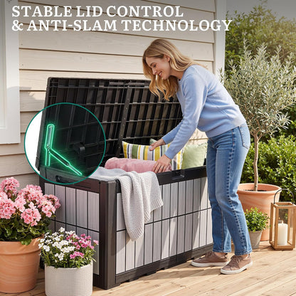 YITAHOME 134 Gallon Large Deck Box | Waterproof Resin Outdoor Storage Box with Lock, Doubles as 2-Person Bench Seating for Patio Furniture Cushions,Garden Tools &