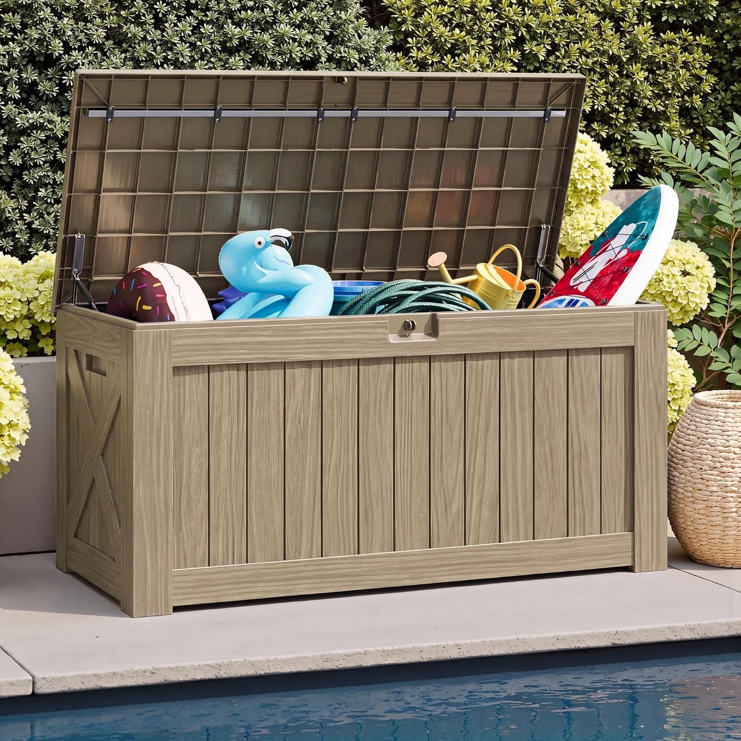 JUMMICO 31 Gallon Resin Deck Box Waterproof Indoor Outdoor Storage Boxes for Patio Furniture Cushions and Garden Tools (Brown)