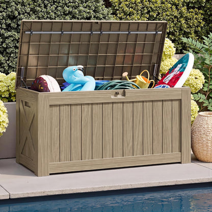 JUMMICO 31 Gallon Resin Deck Box Waterproof Indoor Outdoor Storage Boxes for Patio Furniture Cushions and Garden Tools (Brown)