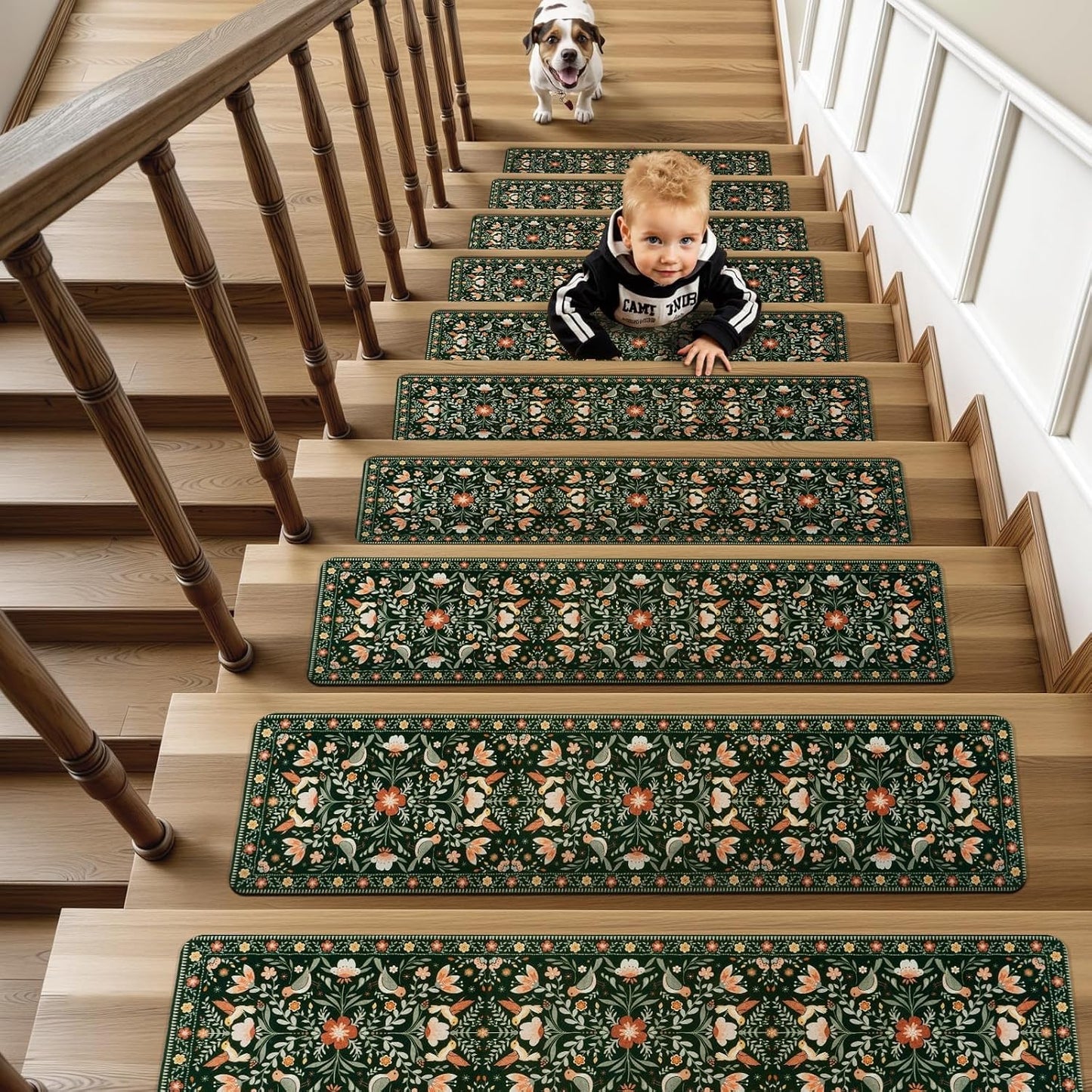 OJIA Floral Stair Treads Non-Slip Stair Runner for Wooden Steps Indoor 15PCS 30"x8" Carpet Stair Treads Stair Mats Staircase Step Treads for Kids, Elders and Dogs, Stair Covers, Black