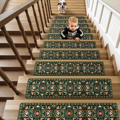 OJIA Floral Stair Treads Non-Slip Stair Runner for Wooden Steps Indoor 15PCS 30"x8" Carpet Stair Treads Stair Mats Staircase Step Treads for Kids, Elders and Dogs, Stair Covers, Black
