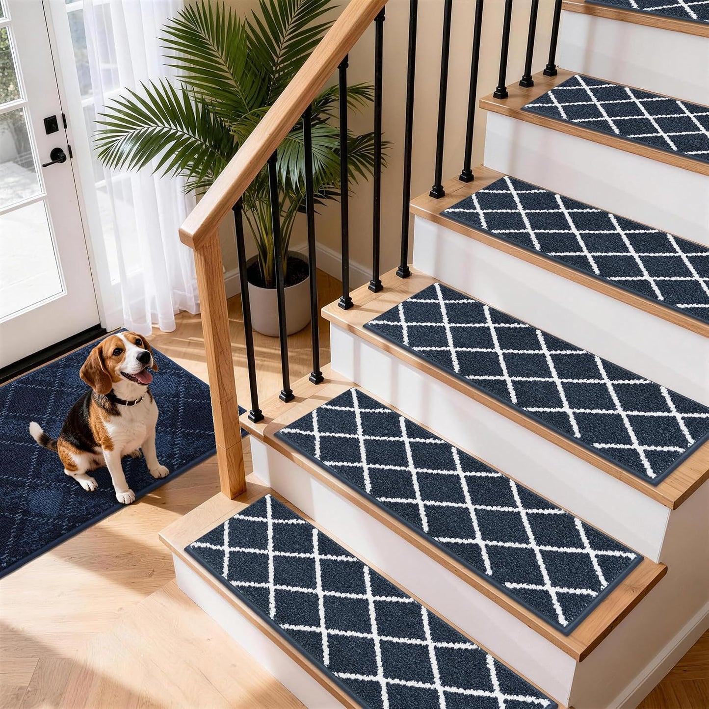 COSY HOMEER Carpet Stair Treads for Wooden Steps Non-Slip Indoor,4pcs, Navy | Peel and Stick,Reusable Adhesive,Residue Free,Washable,Pet Friendly,Soft Stair Runner for Kids,Elders,Multi-Surface Use