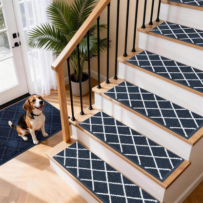 COSY HOMEER Carpet Stair Treads for Wooden Steps Non-Slip Indoor,4pcs, Navy | Peel and Stick,Reusable Adhesive,Residue Free,Washable,Pet Friendly,Soft Stair Runner for Kids,Elders,Multi-Surface Use