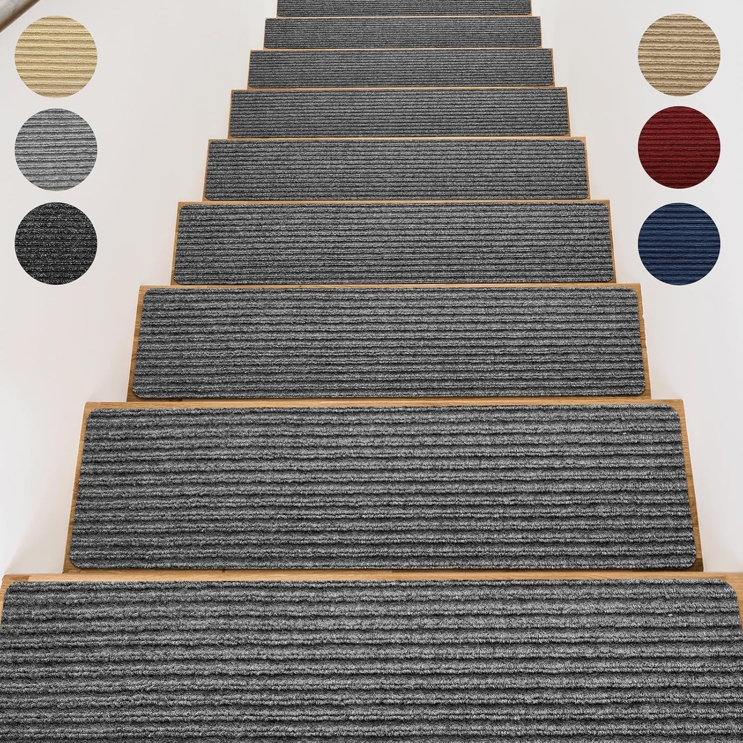 15 Pack 8 "X 30" Non-Slip Carpet Stair Treads for Indoor Wooden Steps, Made of Polyester and Reusable Adhesive, Suitable for Kids Elders and Pets（Black Lines）