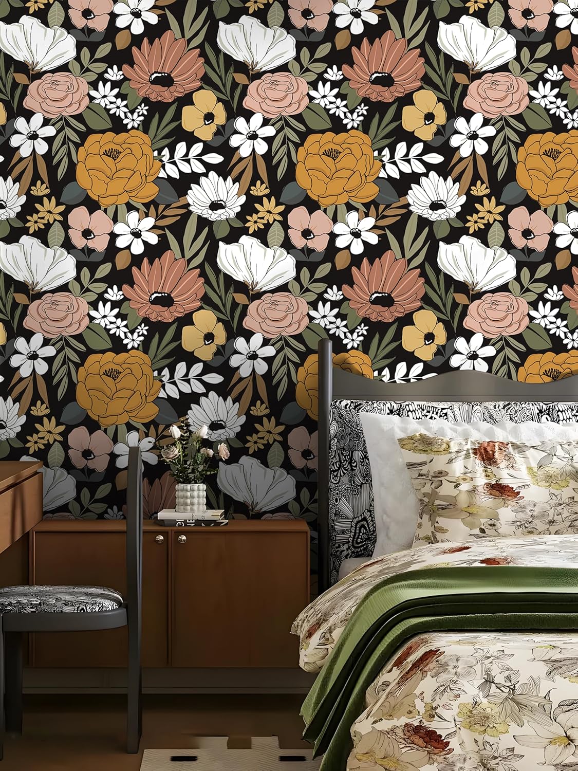 Floralplus Floral Wallpaper Peel and Stick Removable Wallpaper Boho Renter Friendly Dark Flower Wallpapers Contact Paper for Walls Cabinet Bedroom Bathroom Decor 17.5 in x 118 in