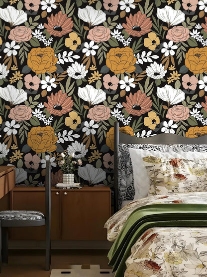 Floralplus Floral Wallpaper Peel and Stick Removable Wallpaper Boho Renter Friendly Dark Flower Wallpapers Contact Paper for Walls Cabinet Bedroom Bathroom Decor 17.5 in x 118 in