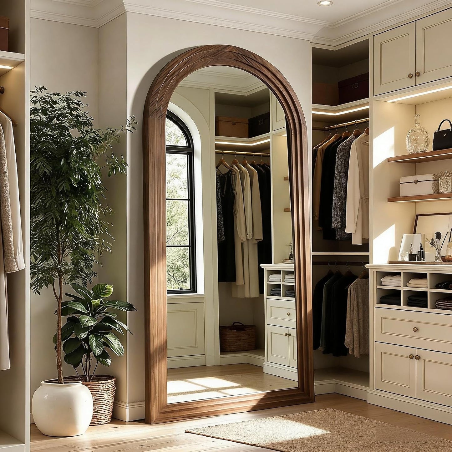 Full Length Mirror with Solid Wood Frame & Stand, 71"x32" Oversized Arched Floor Mirror, Charred Wood Finish Wall Mounted or Leaning Mirror for Bedroom Living Room, Burnt Brown
