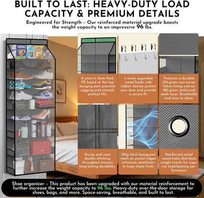 PAULONE 10-Pocket Multi-Use Over the Door Organizer, Heavy Duty 95lbs Capacity with Breathable Mesh, Versatile Hanging Storage for Shoes, Toys, Office Supplies-Classic (Black, 10-Shelf,)