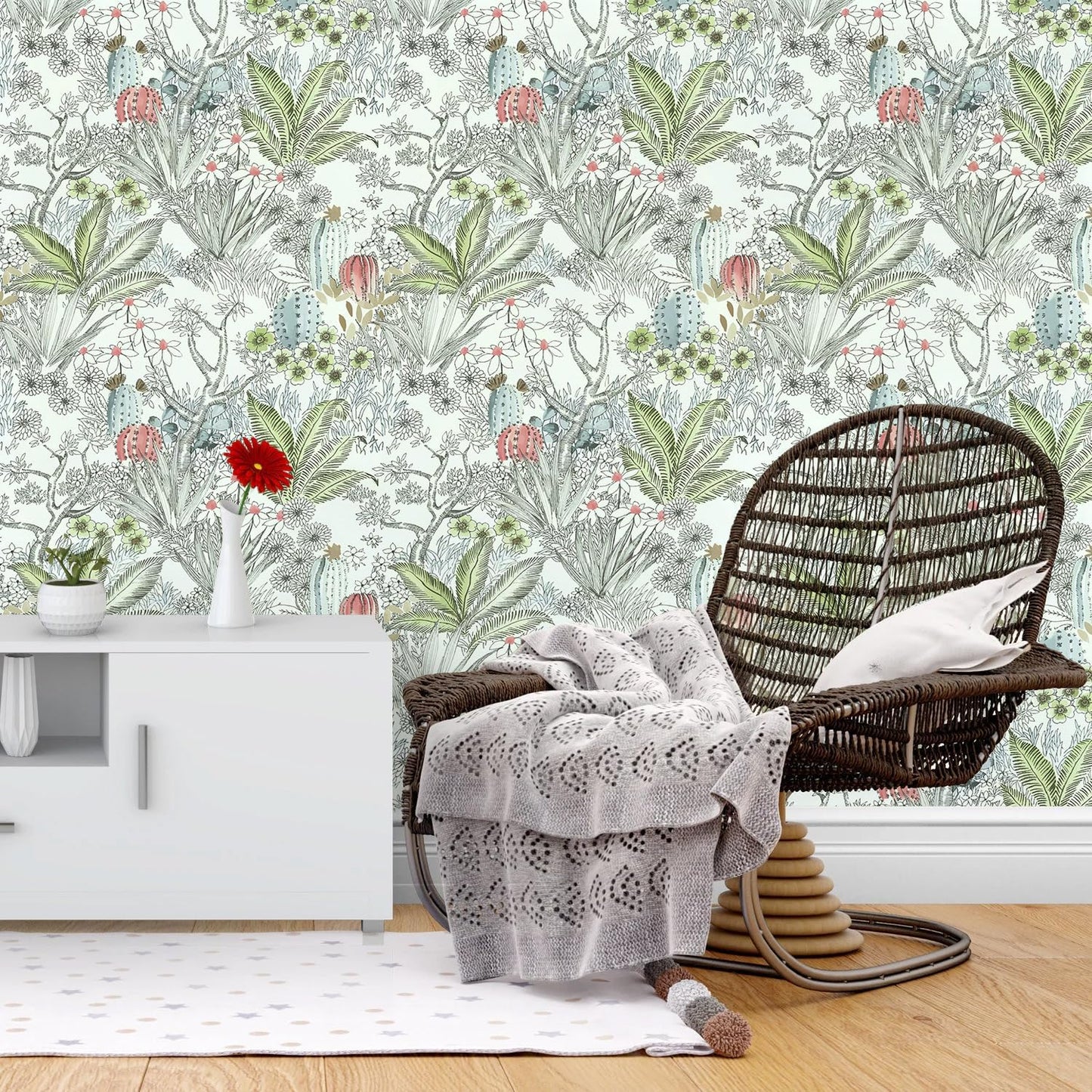 Wudnaye Boho Peel and Stick Wallpaper Catus Wallpaper 17.7" x 118.1"Vintage Floral Wallpapers Peel and Stick Botanical Removable Wall Paper Boho Self Adhesive Contact Paper for Bathroom Cabinets