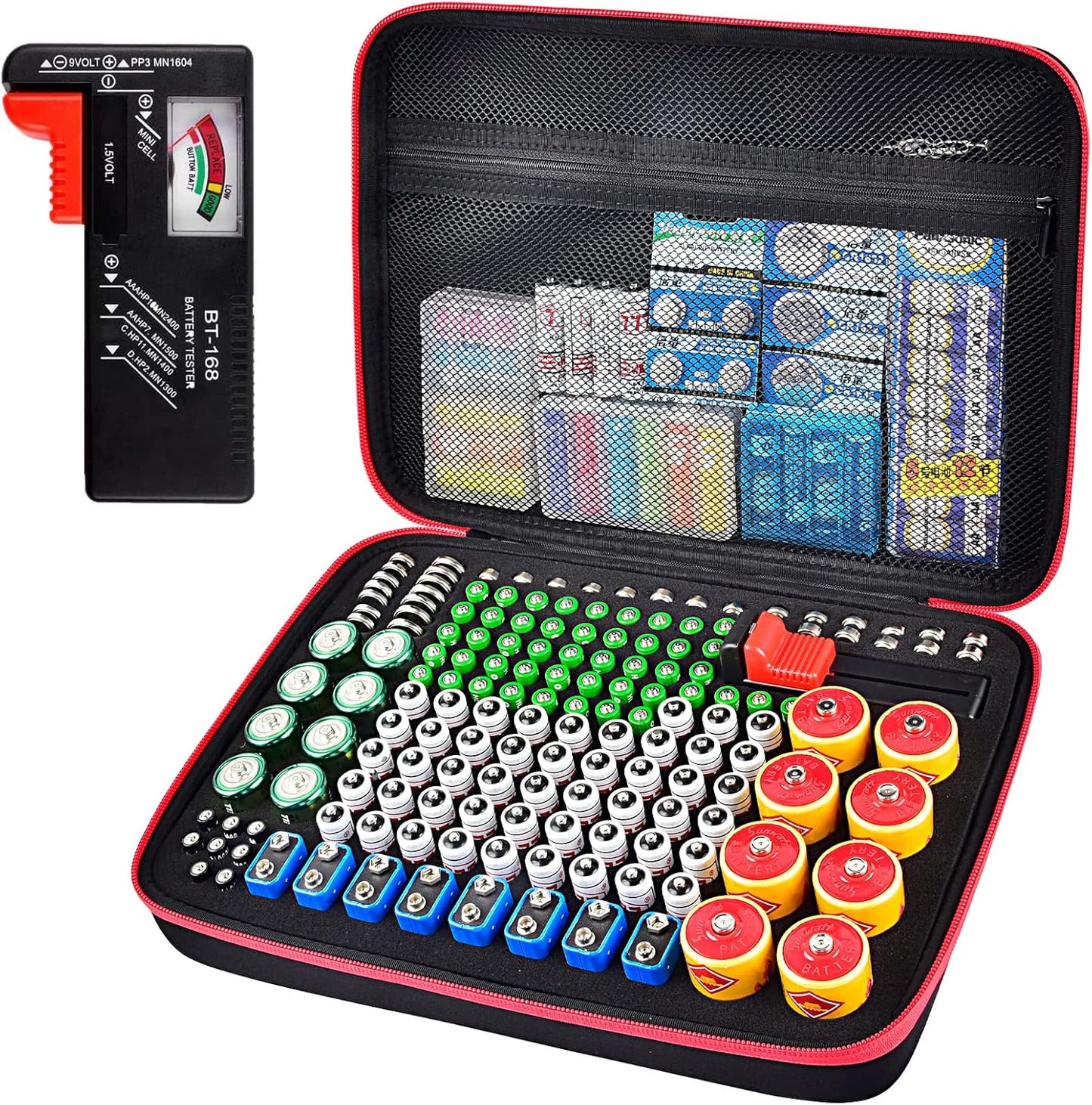 ALKOO 136+ Battery Organizer Storage Case with BT-168 Tester | AA AAA C D 9V & Button Cells Batteries Holder Box, Foam Protection, Home / Garage / Drawer Organization, Case Only, Red