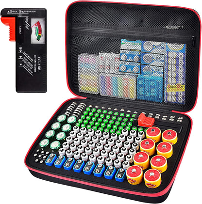 ALKOO 136+ Battery Organizer Storage Case with BT-168 Tester | AA AAA C D 9V & Button Cells Batteries Holder Box, Foam Protection, Home / Garage / Drawer Organization, Case Only, Red