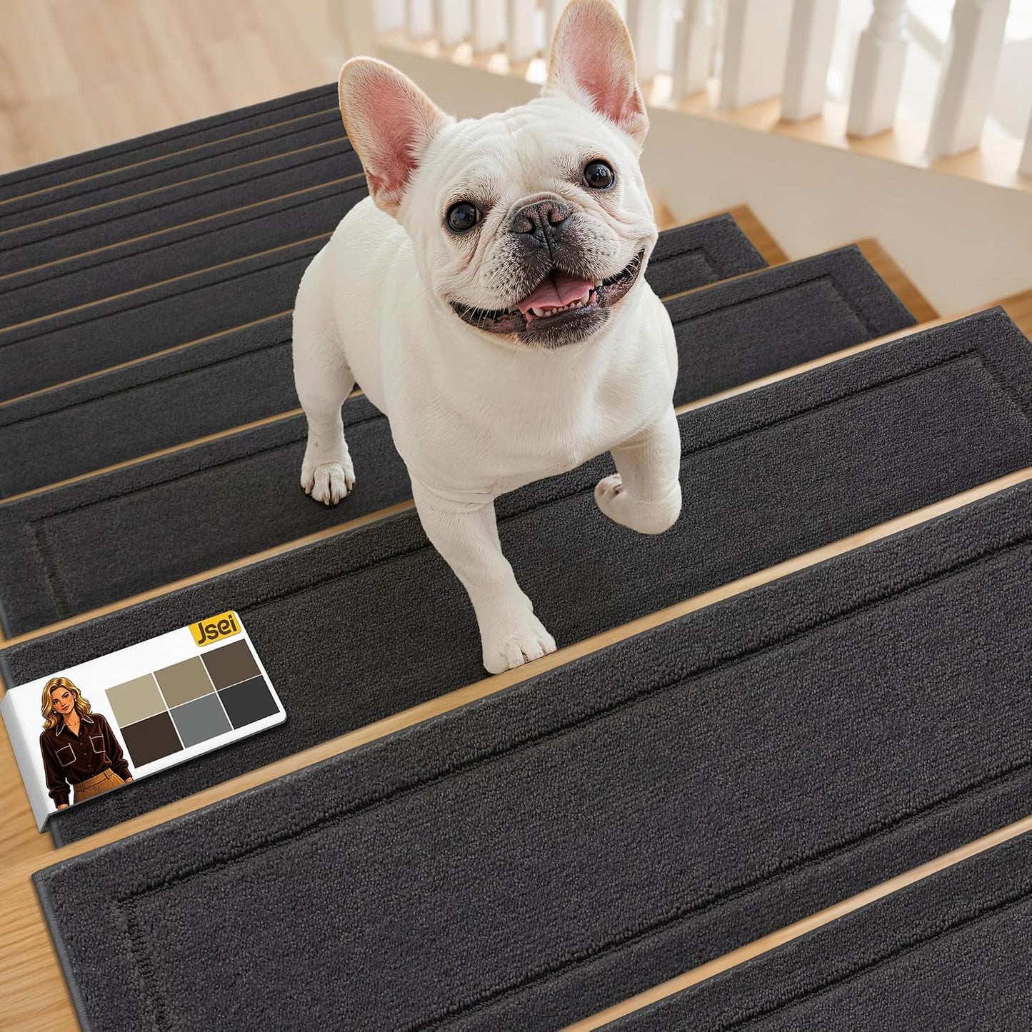 JSEI Stair Treads for Wooden Steps Indoor, 15-Pack Non Slip Stair Treads 30" x 8", Washable Polyester Stair Mats with TPE Backing, Low Profile Stair Rugs for Kids, Seniors and Dogs, Brown