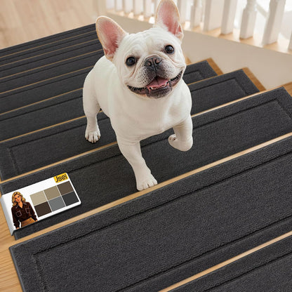 JSEI Stair Treads for Wooden Steps Indoor, 15-Pack Non Slip Stair Treads 30" x 8", Washable Polyester Stair Mats with TPE Backing, Low Profile Stair Rugs for Kids, Seniors and Dogs, Brown