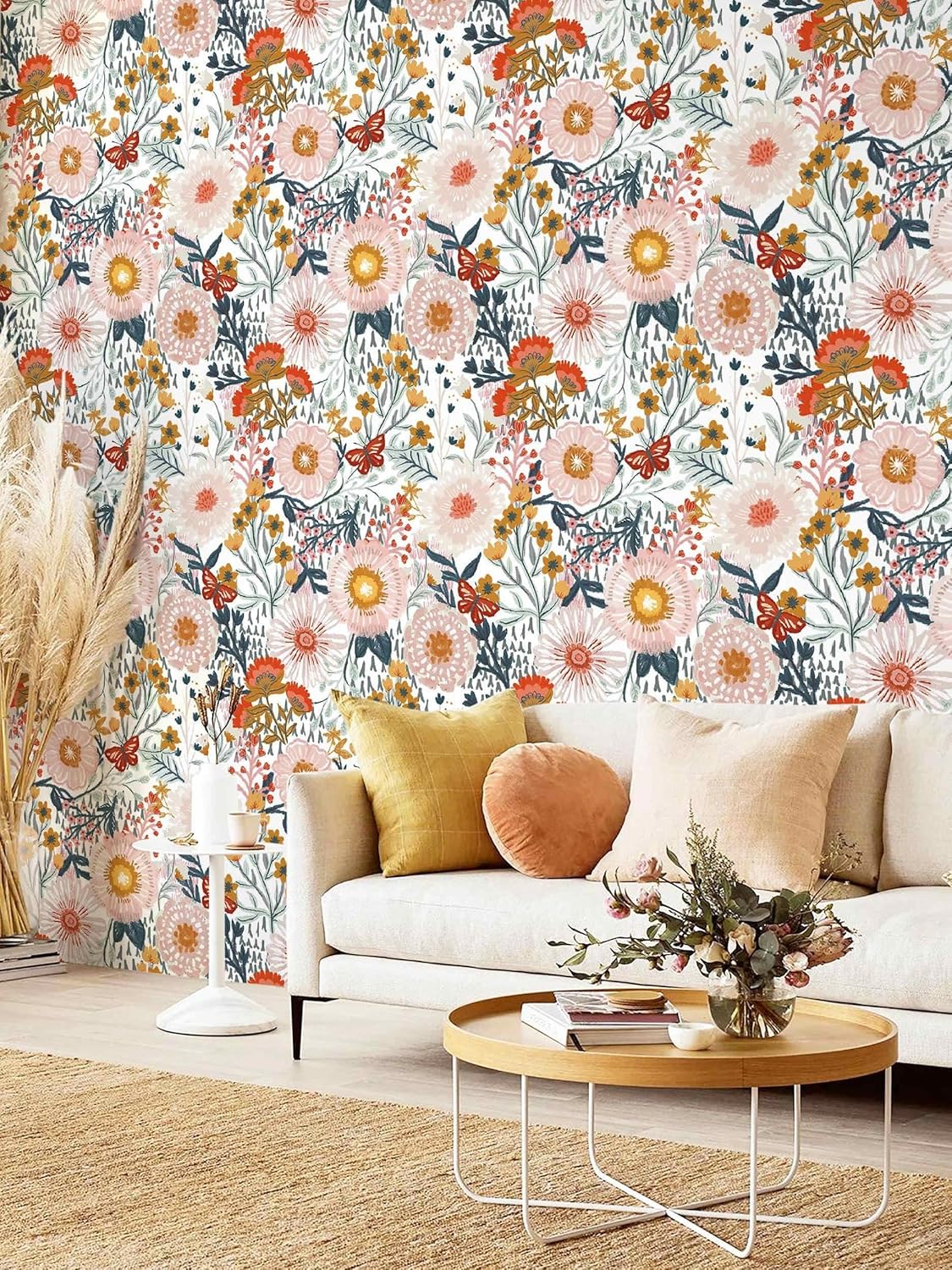 Dimoon 17.3''x78.7'' Peel and Stick Wallpaper Floral Cute Contact Paper Vintage Village Country Cottage Wallpaper Farmhouse Yellow Beige Renter Friendly Geometry Waterproof Embossed Kitchen Bedroom