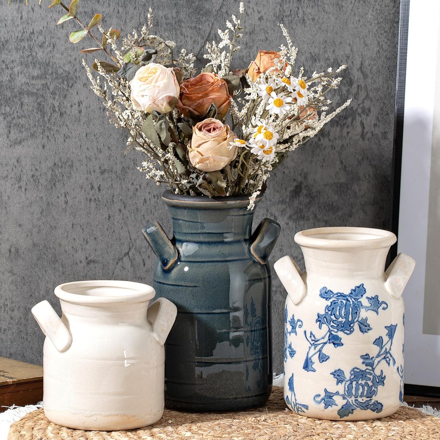 Ceramic Vase Set of 3 with Handles, Green White Neutral Rustic Modern Farmhouse Boho Decor, Versatile as Table Centerpiece or Mantel & Shelf Accent - Unique Home Gift Idea