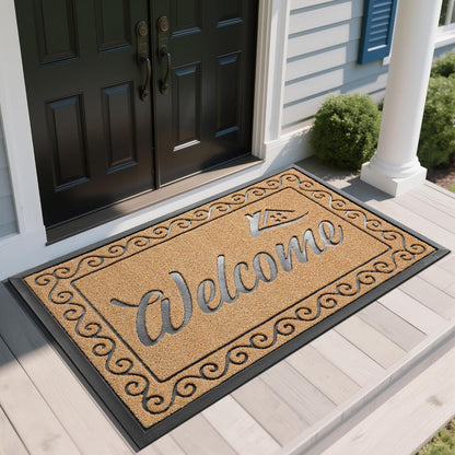 Yimobra Welcome Mat, Heavy Duty Sturdy Door Mats for Home Entrance Outdoor Indoor, Front Doormat for Outside Patio Floor Entry Porch Garage Office, Waterproof, Low Profile, 29.5x17, Black Grey