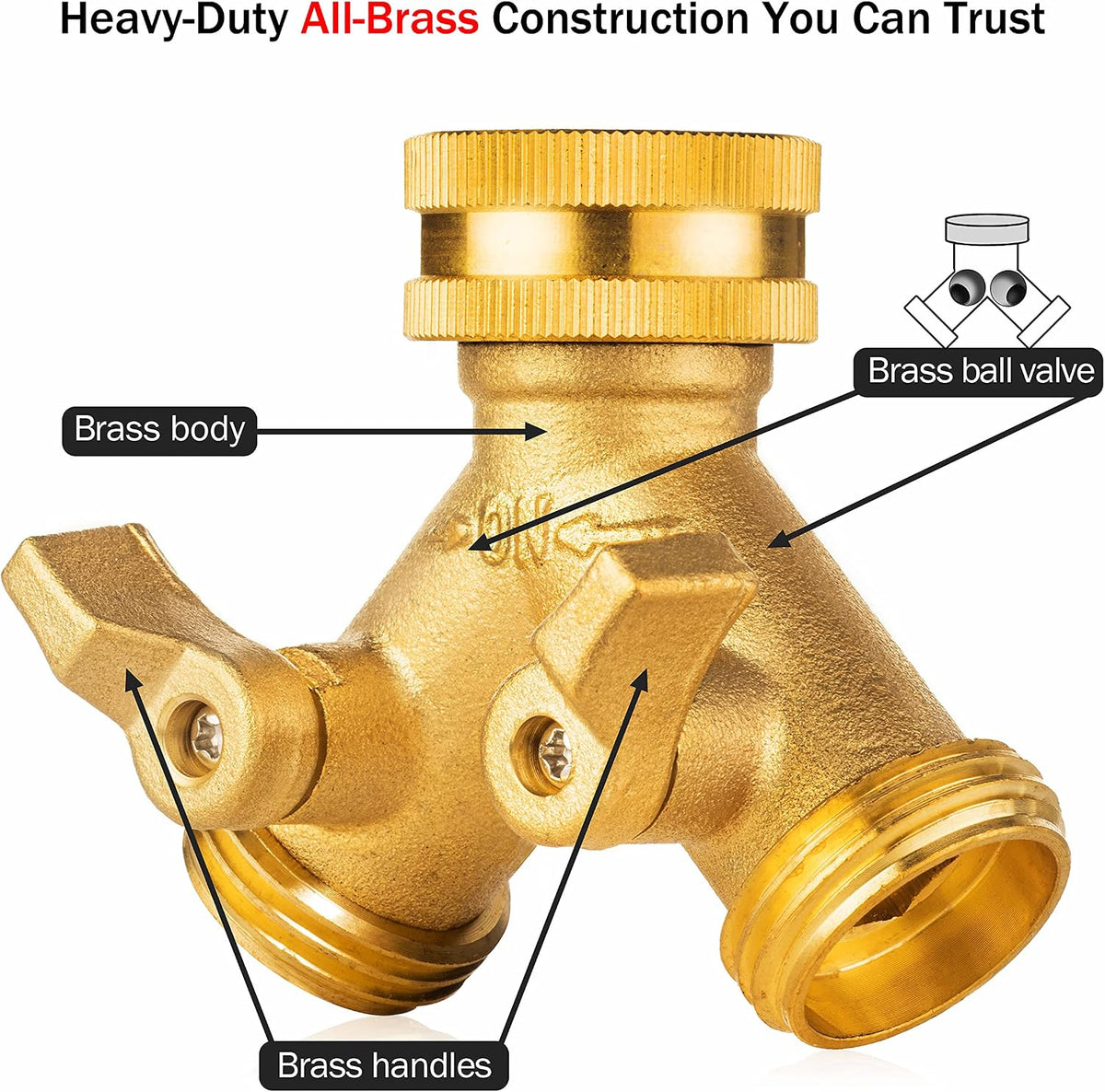 Renator Garden Hose Splitter, 2 Way Heavy Duty Brass Water Hose Splitter Lead-free Compliant, Faucet Spigot Y Splitter for outdoor use Double Valve Adapter Plus 2 Rubber Washers & Tape