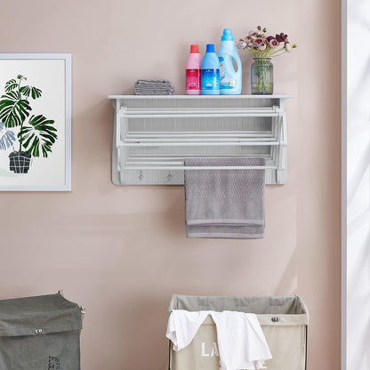 Danya B Accordion Clothes Drying Rack, Retractable, Wall Mounted Towel Rack and Hooks for Clothes and Towels for use in Laundry Room or Garage - White