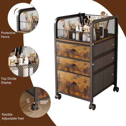 Rolling Makeup Organizer Cart with 3 Drawers, Under Desk Vanity Makeup Storage Cart, Bathroom Storage Cart Cosmetic Display Cases Cabinet for Nail Polish, Brushes & Hair Tools, Gold