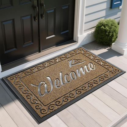 Yimobra Welcome Mat, Heavy Duty Sturdy Door Mats for Home Entrance Outdoor Indoor, Front Doormat for Outside Patio Floor Entry Porch Garage Office, Waterproof, Low Profile, 29.5x17, Black Grey
