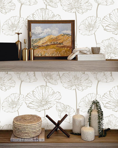 Orainege Modern Peel and Stick Wallpaper 17.3inx118.1in Beige and White Floral Wallpaper Boho Contact Paper Removable Decorative Wall Paper for Bedroom Bathroom Cabinets Decor Vinyl