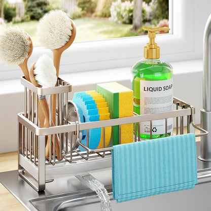 HapiRm Sponge Holder for Kitchen Sink - Self-draining Sink Caddy with Brush and Dishcloth Holders, Stainless Steel Kitchen Countertop Organizers and Storage Essentials - Black