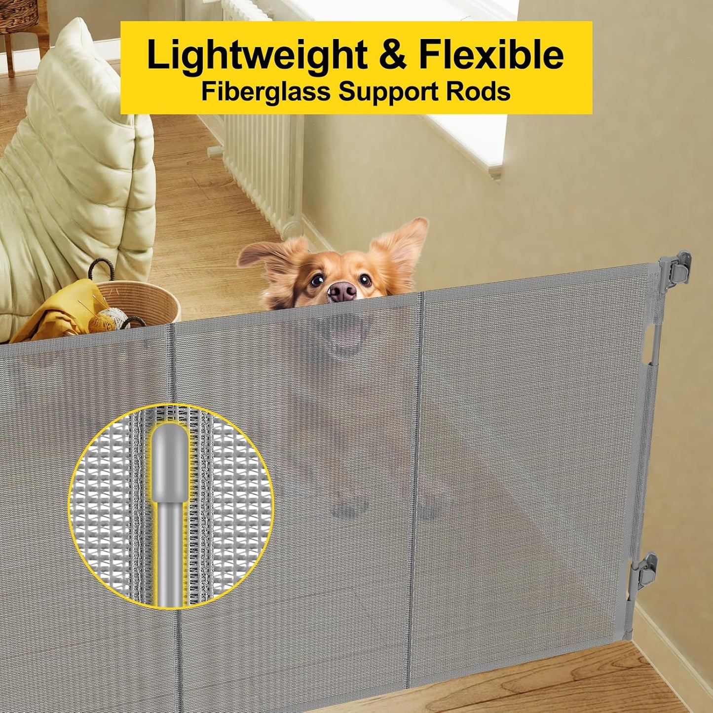 Reinforced 42” Extra Tall Retractable Baby Gates with Rods, Extends up to 60” Wide, Tall Retractable Dog Gate for Doorways Prevent Crawling Through Mesh Pet Gate Indoor Outdoor, Black