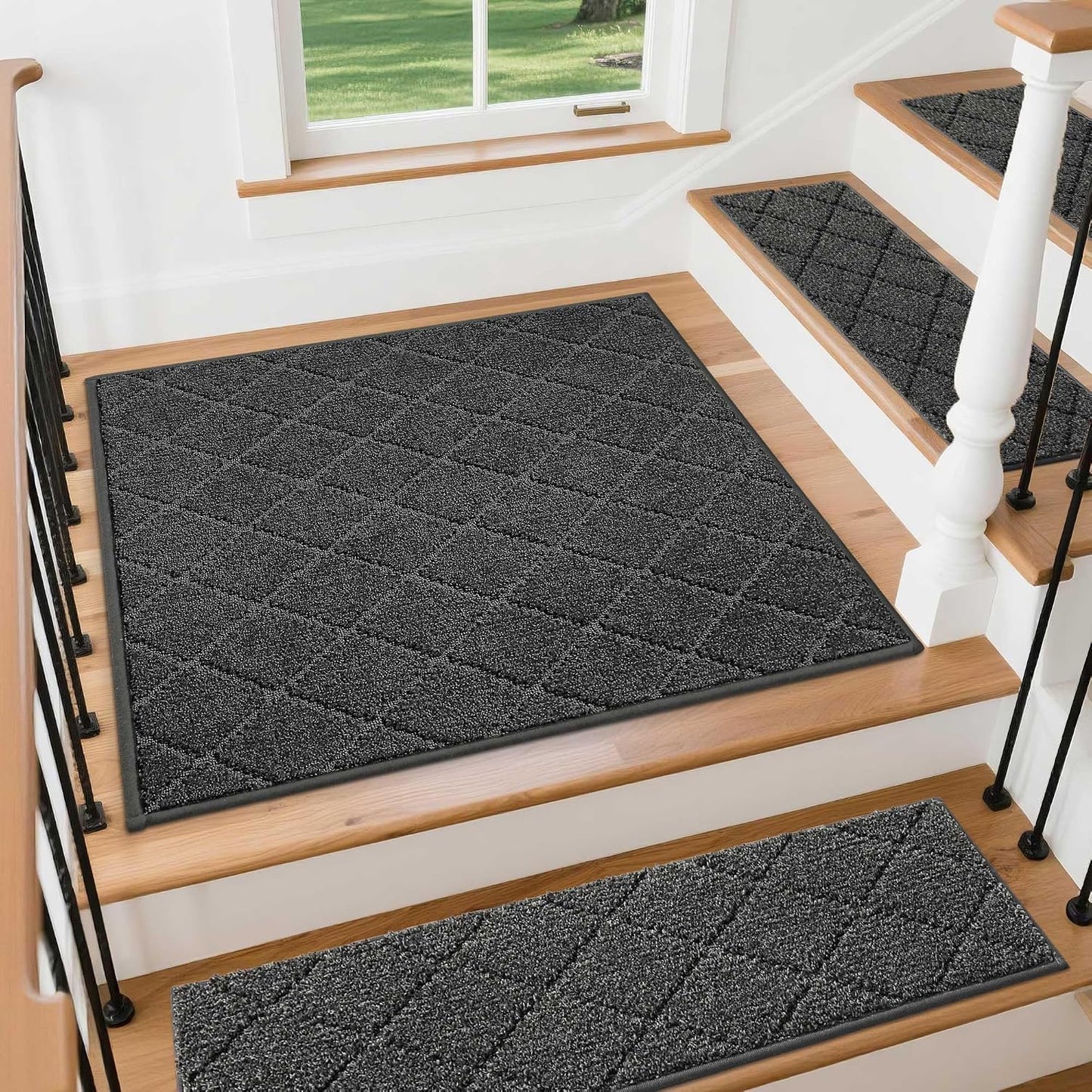 COSY HOMEER Edging Stair Treads Non-Slip Carpet Mat 28inX9in Indoor Stair Runners for Wooden Steps, Edging Stair Rugs for Kids and Dogs, 100% Polyester TPE Backing(4pc, Beige)