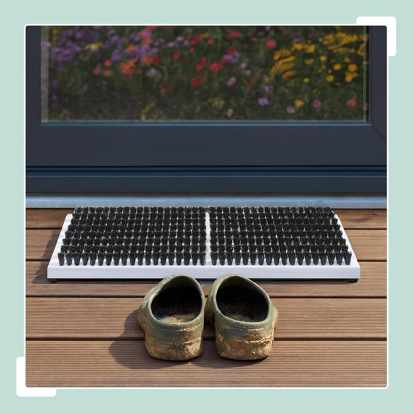 Relaxdays Shoe Scraper, Non-Slip Base, Strong PP Bristles, Outdoor & Indoor Brush Mat, Wood, Grey