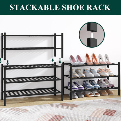 Smiry Bamboo Shoe Rack for Closet, 3 Tier Wooden Shoe Organizer, Stackable Wood Shoe Storage Shelf for Entryway, 14 Vertical Slats, One-piece Heavy-Duty Legs, 26.77"x11.02"x18.31", Natural