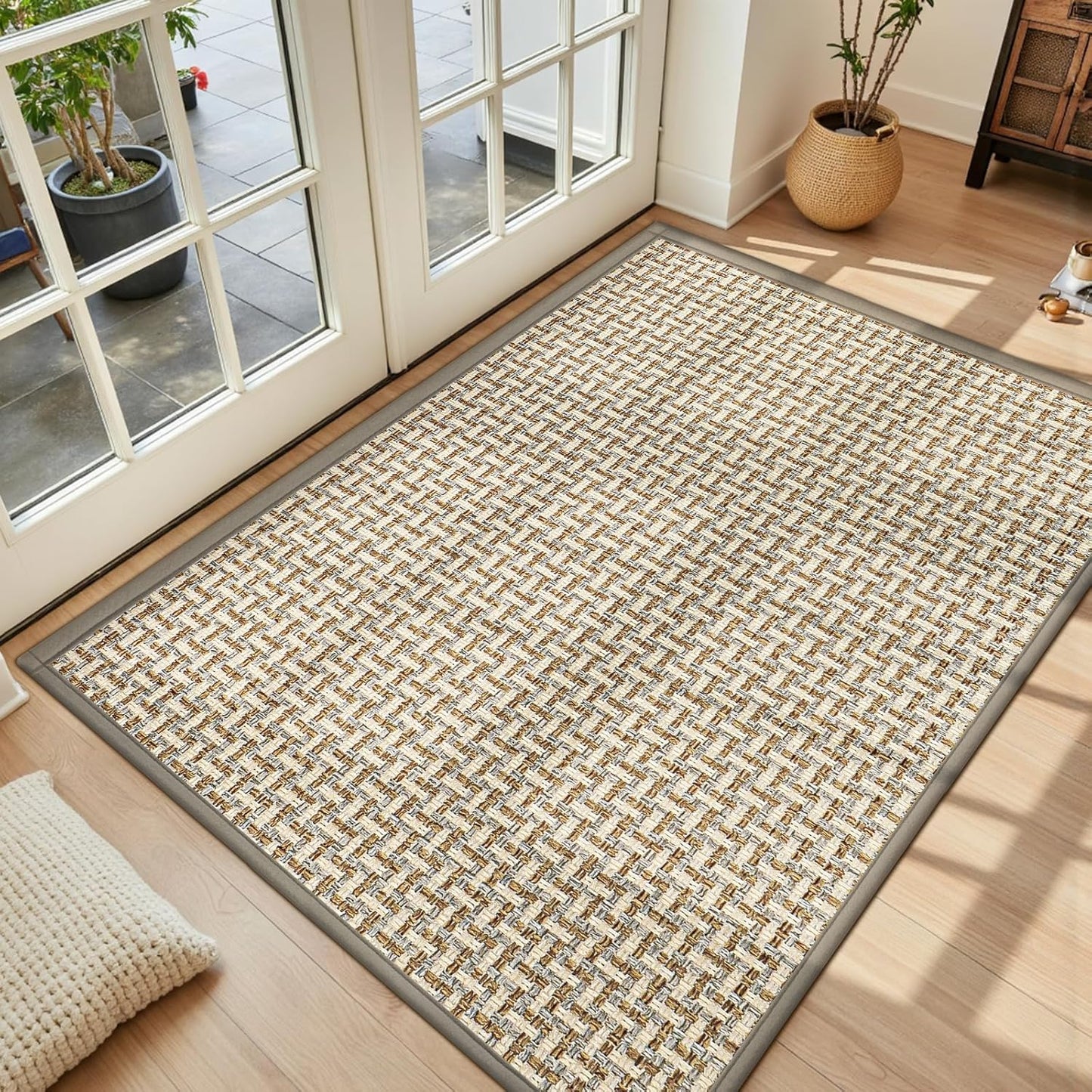 LEKEEPGO Ultra Thin Indoor Door Mat 17"x29", Low-Profile Door Mat Indoor Entrance, Non Slip Rubber Backing Inside Doormat Washable Welcome Front Entryway Dirt Trapper Entry Mat, Khaki