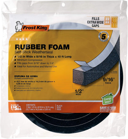 Frost King R338H Self-Stick Rubber Foam Weatherseal, 3/8"W, 3/16"T, Black|Blacks