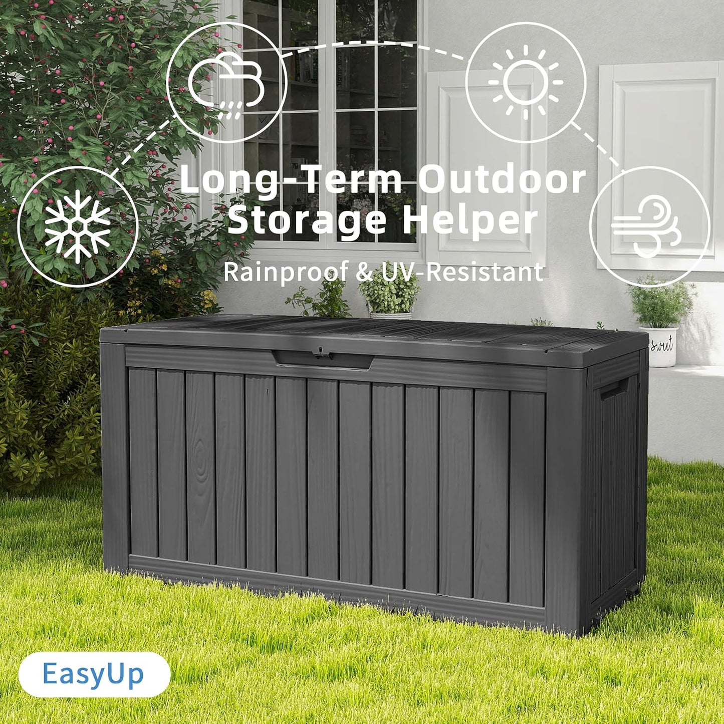 EasyUp 33 Gallon Resin Deck Box Waterproof, UV Resistant Outdoor Storage Box for Delivery, Porch, Patio and Garden, Stripe Black