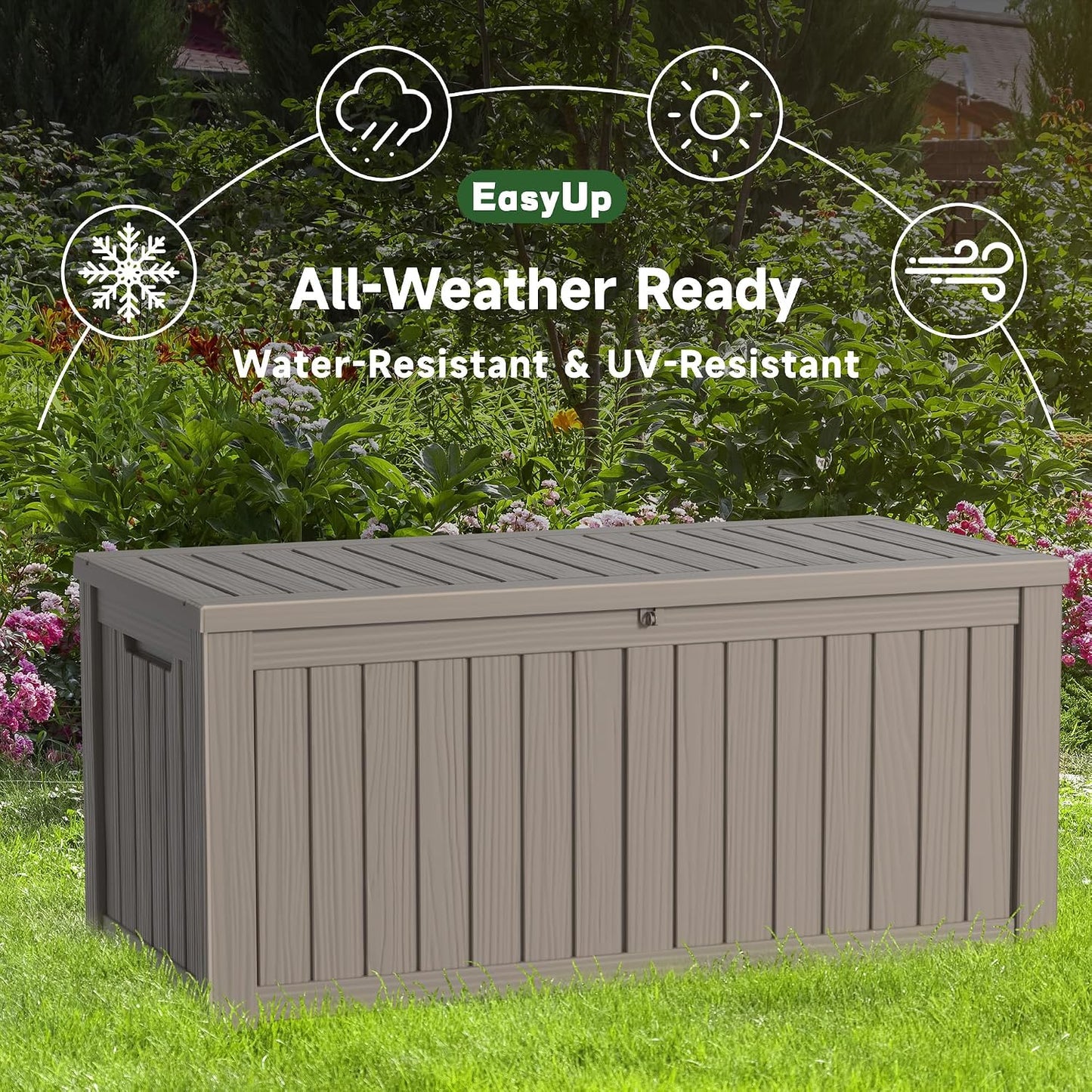 EasyUp 50 Gallon Outdoor Storage Box Waterproof Lockable Deck Boxes | UV Resistant Resin, for Garden Tools Cushions Patio Equipment, 300 lbs Capacity, Portable Design, Easy 16-Min Assembly