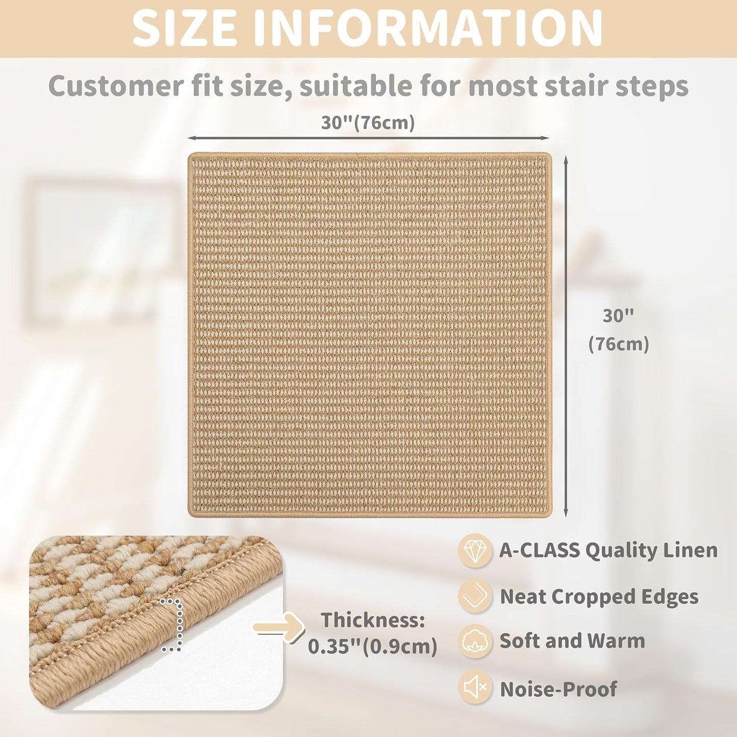 Brakki Bullnose Carpet Stair Treads, Non Slip Stair Treads for Wooden Steps Indoor, Stair Runner, Soft Stair Rugs, Edging Stair Protectors, Washable, 29.5"x9.5"x1.5" 14pcs, Beige
