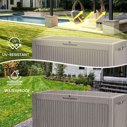 100 Gallon Storage Box, Waterproof Resin Deck Box with Hydraulic Piston Design, Lockable Storage Bench for Package Delivery, Storage Bin for Patio Cushions, Garden Tools, Black