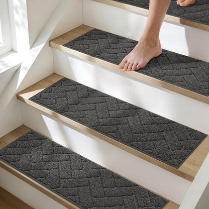 BEQHAUSE Stair Treads for Wooden Steps 28inX9in, Non Slip Carpet Stair Treads Indoor Stair Runners Machine Washable, Soft Stair Rugs Mat Surface Polyester TPE Backing, 4pcs, Charcoal