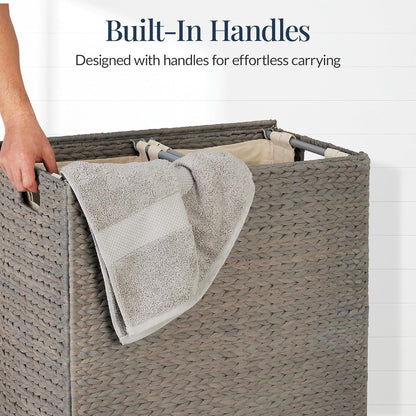 Best Choice Products Large Double Laundry Hamper with Lid, Natural Handwoven Water Hyacinth, 2 Sections w/ 2 Machine Washable Linen Liner Bags, Portable, Handles - Natural
