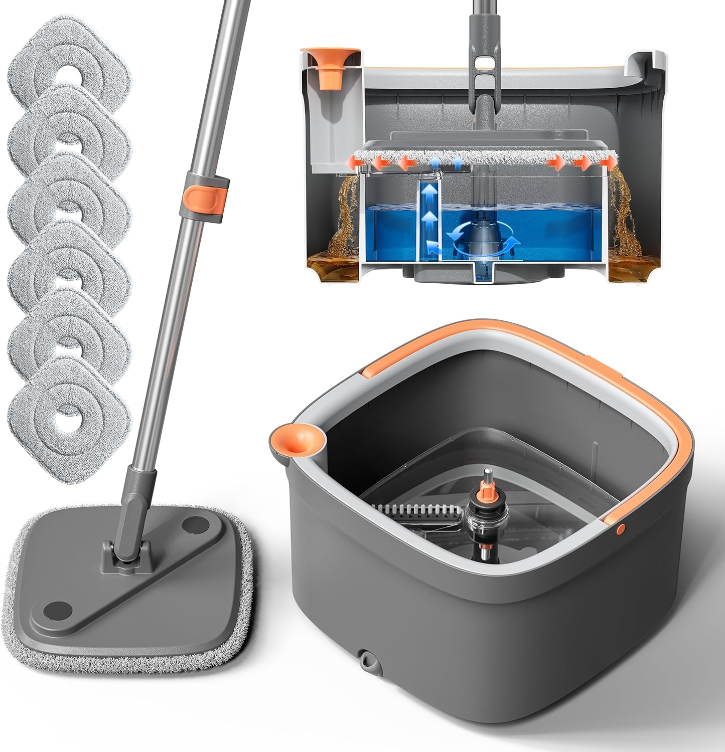 Spin Mop and Bucket Set with 2 Replaceable Microfiber Mop Pads with Self Separation Dirty and Clean Water System, Self Wringing 360° Rotating Square Mop Head for Hardwood Tile Marble Floors