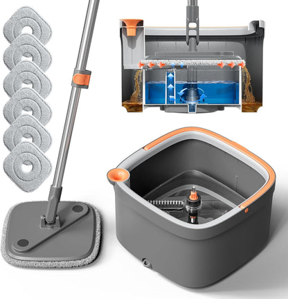 Spin Mop and Bucket Set with 2 Replaceable Microfiber Mop Pads with Self Separation Dirty and Clean Water System, Self Wringing 360° Rotating Square Mop Head for Hardwood Tile Marble Floors