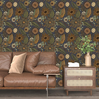 Blue Wallpaper Peel and Stick,Vintage Boho Floral Contact Paper 17.5" x 118", Retro Botanical Flower Wall Paper Self Adhesive Removable Waterproof for Walls Shelves Cabinet Table (Blue,Yellow, Green)