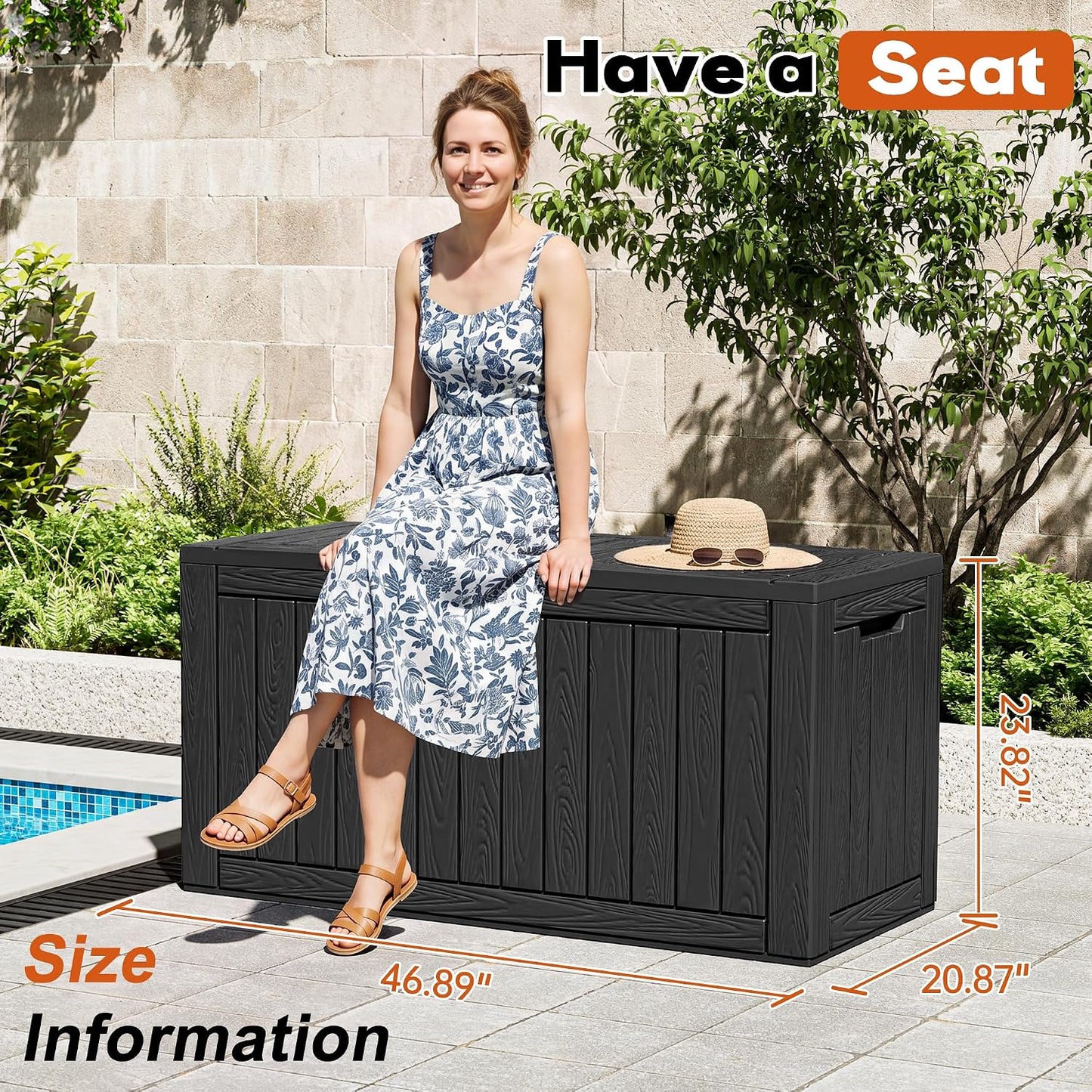 Outdoor Deck Storage Box,Resin Deck Boxes Indoor and outdoor, Waterproof Storage Box Lockable Lid (Black,50 Gallon)