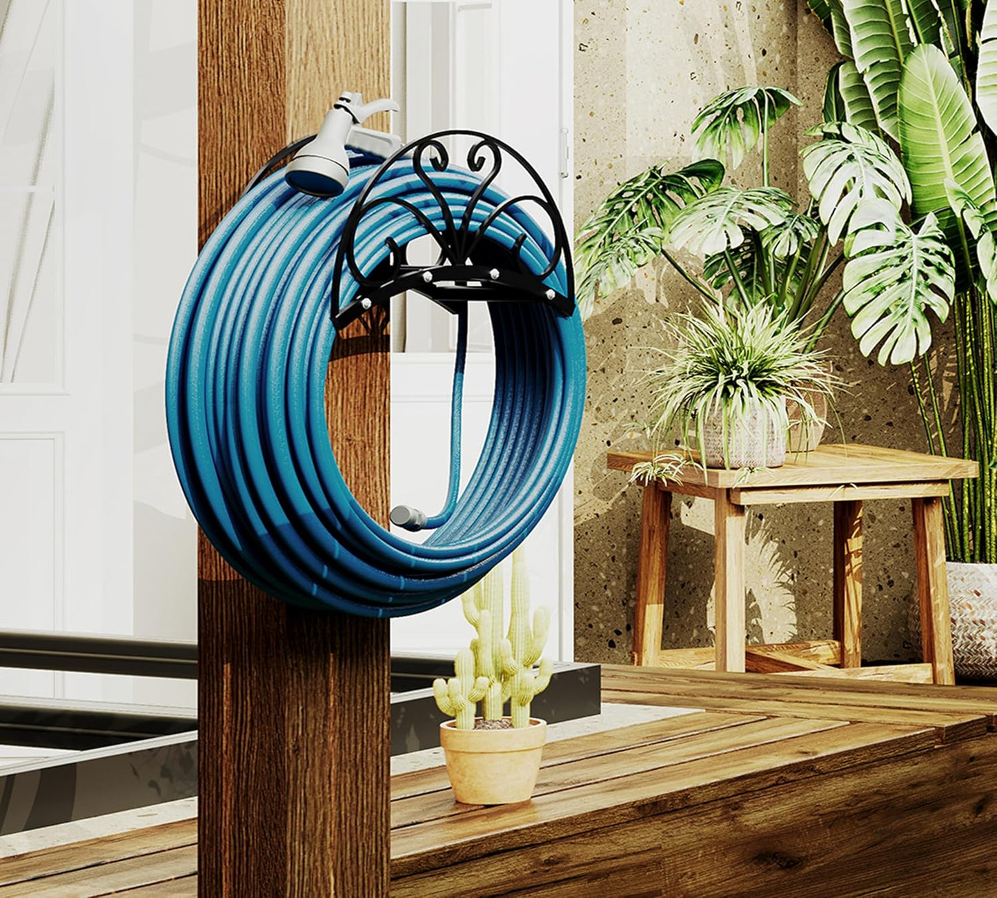 Fire Beauty Heavy-Duty Metal Hose Holder, Wall-Mounted Garden Hose Reel Organizer for Outdoor Yard, Solid Iron Decorative Hanger Storage