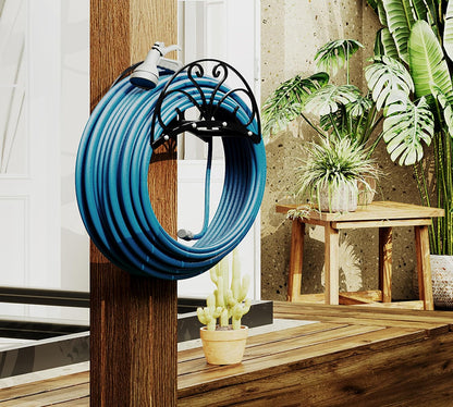 Fire Beauty Heavy-Duty Metal Hose Holder, Wall-Mounted Garden Hose Reel Organizer for Outdoor Yard, Solid Iron Decorative Hanger Storage