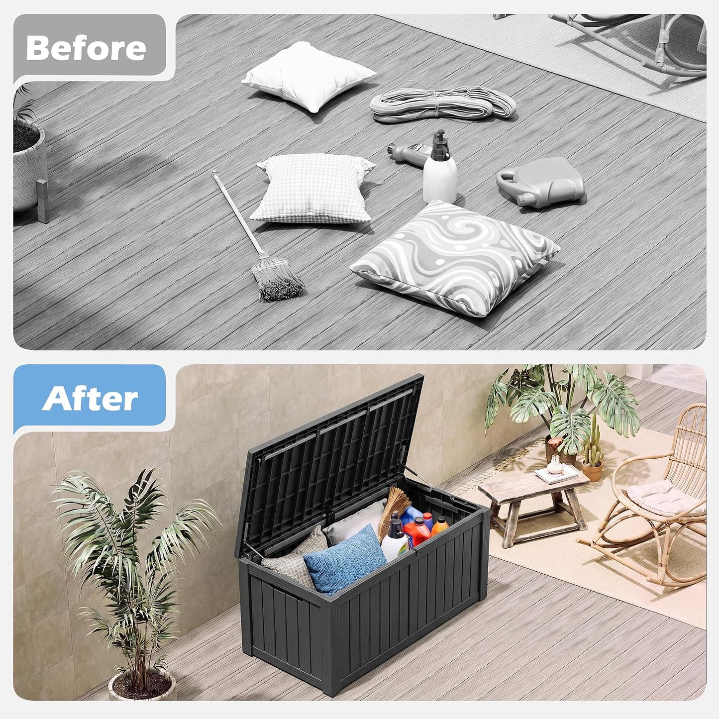Outdoor Storage Box, 31 Gallon Resin Deck Boxes Outdoor Waterproof For Patio Furniture, Garden Tools, Pool Supplies, Lockable And UV Resistant (Rattan Gray)