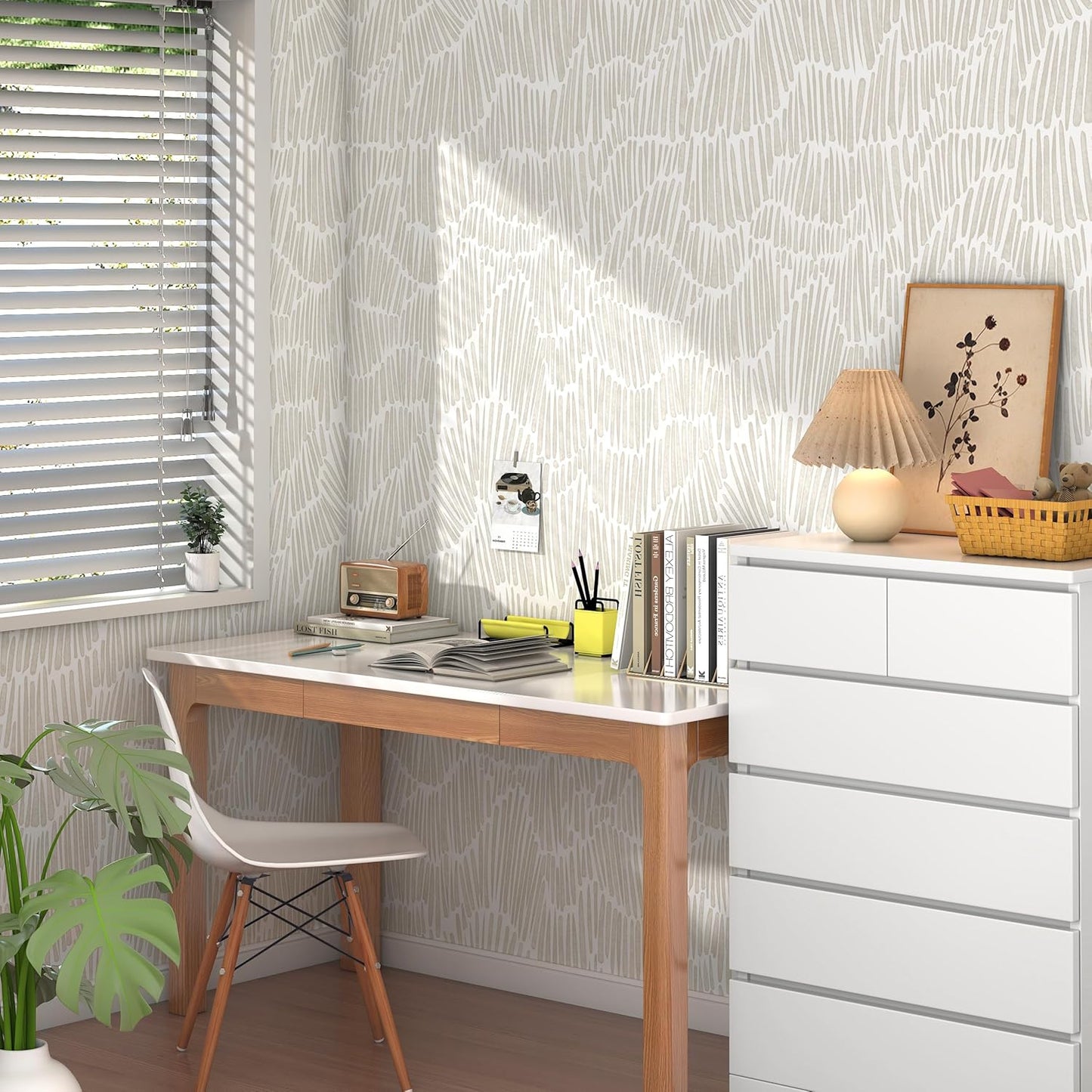 Theper Beige Wallpaper 17.3"×78.8" Modern Striped Peel and Stick Wallpaper Boho Removable Self Adhesive Wall Paper for Bedroom Waterproof White and Gold Contact Paper for Cabinets Vinyl