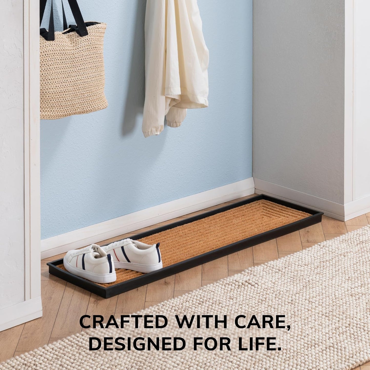 Anji Mountain Heavy Duty Waterproof Rubber Shoe Storage Mat Organizer/Boot Storage Tray Multi Use for Entryway with Coir, Tan Insert, Fits 4 Pair (46.5" Wide)